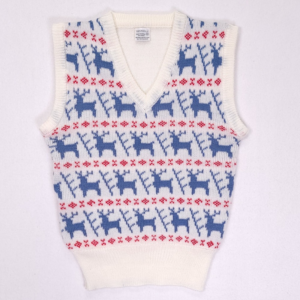 Vintage Reindeer Fair Isle‎ Sweater Vest V-Neck Knit Cream Blue Red Juniors M
